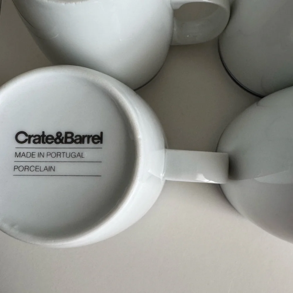 6 Brasserie by Crate & Barrel Porcelain Mugs White, Dark Blue Band, Pinstripe